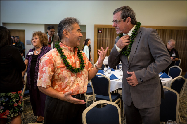 NICE TIE Sen. David Ige comments on Jeff Davis' attire before, forum with Mufi Hannemann, Independent Party, and Duke Aiona, Republican Party at UH West Oahu presented by the West Oahu Economic Development Association, August 26, 2014.  Hannemann and Davis wore coat and ties while Aiona and Ige where in aloha shirts.