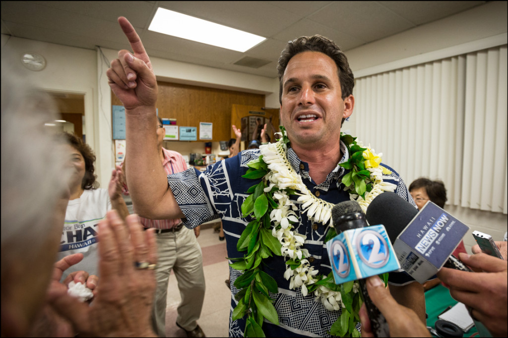 Sen. Brian Schatz at the Hawaii Government Employees Association building in Hilo after he heard the results of a special election in which Schatz won over Rep. Colleen Hanbusa on August 15, 2014