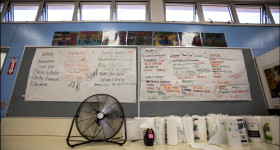 Fan tailing hot air in classroom Ilima Intermediate School in Ewa Beach. The temperature was measured at 94.1F with fans going and no student inside on September 12, 2014