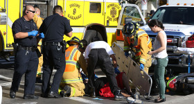 HFD Honolulu Fire Department  and HPD Honolulu Police respond to an accident near the intersection of King Street and Punchbowl Street. 30 jan 2015. photograph Cory Lum/Civil Beat