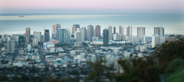 Honolulu CIty/Waikiki view at sunrise. tilt shift lens used.  29 may 2015. photograph Cory Lum/Civil Beat