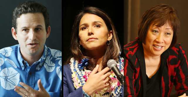 From left, U.S. Sen. Brian Schatz, Rep. Tulsi Gabbard and Colleen Hanabusa.