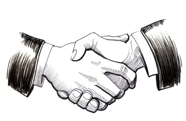 Hand-drawn retro style sketch of a handshake business agreement. black-and-white ink sketch