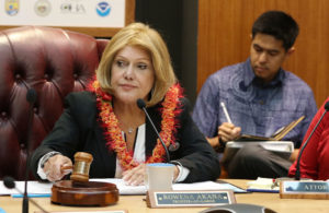 Chair Rowena Akana gavels out after losing quorum after a handful of trustees walked out of meeting after disagreeing about public testimony/written testimony agenda item. 12 jan 2017