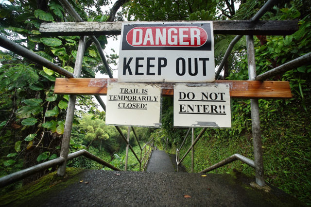 Hawaii Island Big Island Danger keep out trail closed Akaka Falls. 17 may 2017