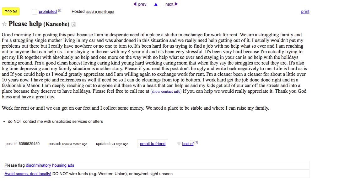 Craigslist Where Desperate Hawaii Renters Plead For Help Honolulu