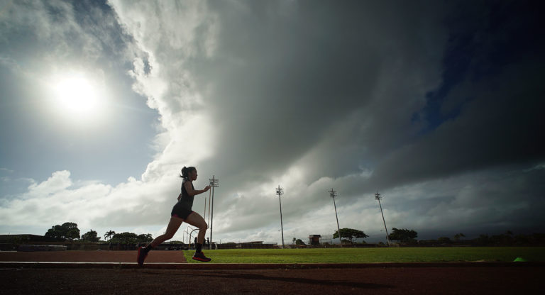 Campbell HS female hurdlers run on the dirt track located around their football field. Informally asked where they changed their clothes, most said a G building had access until the custodian closed the bathroom and others changed in girls bathrooms because of the lack of a girls locker room.