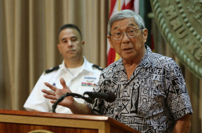 Mayor Harry Kim shares input about HIEMA report during press conference at Governor David Ige’s office.