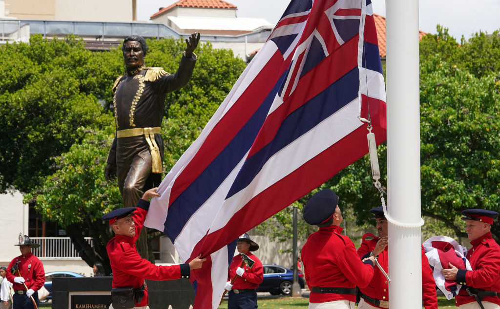 Kamehameha III dedication at Thomas Square with Hawaii Civil War Roundtable Reenactors after they lowered the Union jack and in the process of raising the Hawaiian Flag. July 31 was celebrated thereafter as Lā Hoʻihoʻi Ea, Sovereignty Restoration Day, an official national holiday of the kingdom
