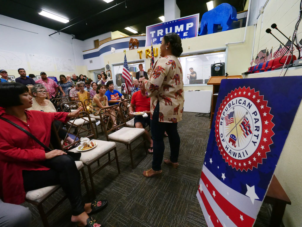 Supporters and volunteers of the Republican party for Hawaii gather at the party headquarters in Honolulu on Tuesday, Nov. 6, 2018. (Photo by Ronen Zilberman