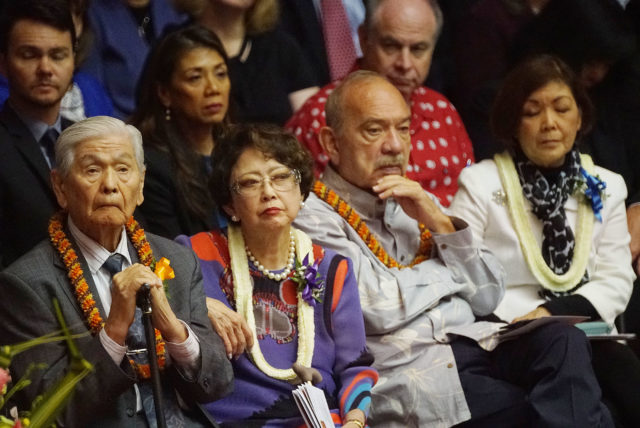 Governor George Ariyoshi Jean Governor John Waihee listen to Speaker Saiki on the opening day of the 2019 legislature.
