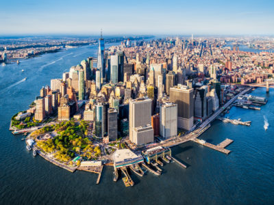 Aerial view of Lower Manhattan at sunset. New York. USA