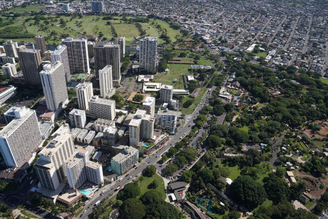Waikiki Zoo aerial Waikiki along Kapahulu Avenue Ala Wai Golf course watershed area.