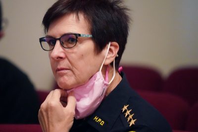 Honolulu Police Chief Susan Ballard sits in the limited audience during Mayor Blangiardi’s first State of Honolulu speech.