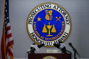 Honolulu Prosecutor podium before Prosecutor Steve Alm speaks to media about the Deede trial.