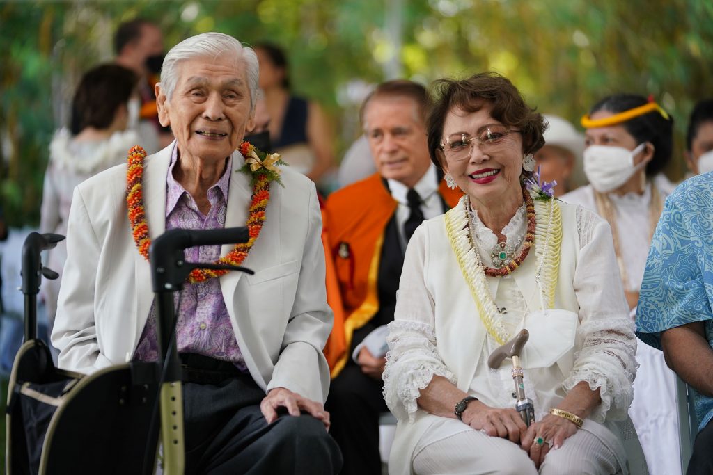 Former Governor George Ariyoshi and former first lady Jean Ariyoshi at ceremonies honoring the 175th anniversary of Washington Place.