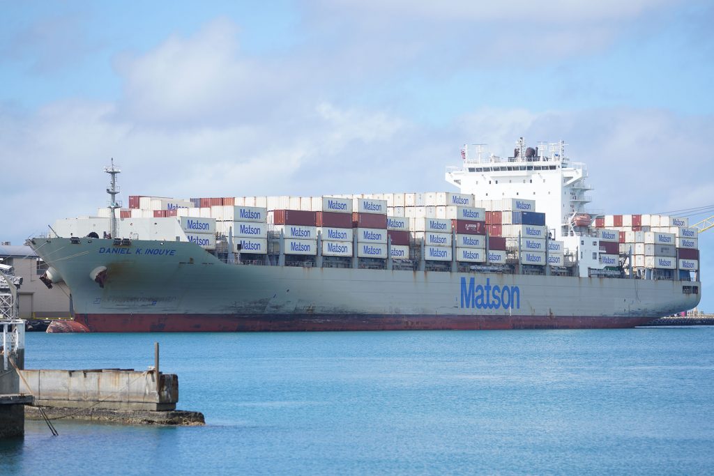 Matson container ship Daniel K Inouye docked at Honolulu harbor.
