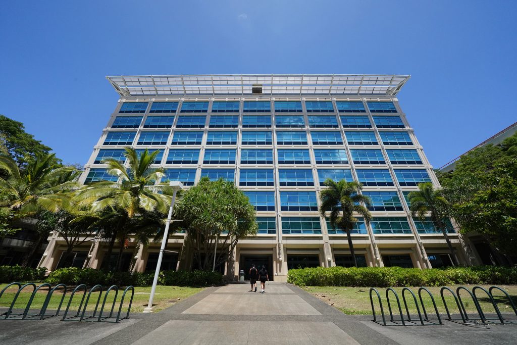 University of Hawaii Manoa UH Engineering POST building with SOEST. Pacific Ocean Science and Technology Building.
