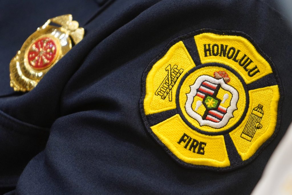 Honolulu Fire Department patch during a gathering of fire chiefs at Governor David Ige's Governor David Y. Ige held a ceremony today with fire chiefs from across the islands, issuing a proclamation designating October 9-15, 2022, as Fire Prevention Week in the State of Hawaii. Governor Ige was joined by the State Fire Council. Led by the four county Fire Chiefs, the State Fire Council advises the Governor and Legislature on fire prevention and protection.