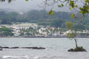 Downtown Hilo, Hawaii with Hilo Bay in the foreground.