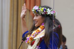 Honolulu City Council member Val Okimoto takes her oath for office at Honolulu Hale.