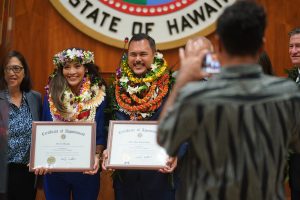 Newly sworn in Honolulu city council members Val Okimoto and Tyler Dos Santos-Tam