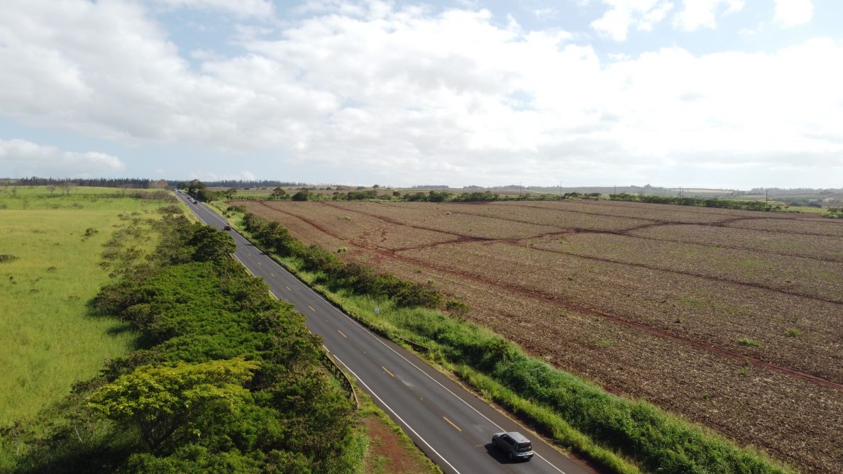 An overhead view of a swathe of land in Wahiawa next to a road shows the parcels of agricutlural lands that will be sold as part of the Peter Savio project to make land affordable for farmers.