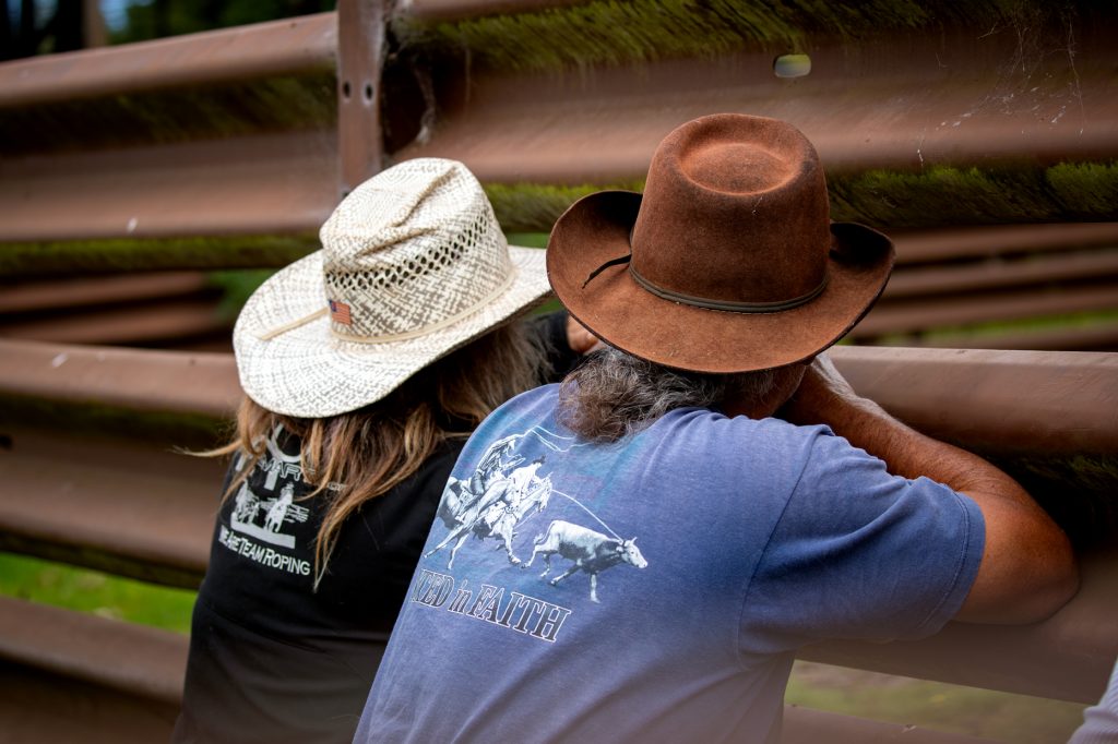 Ranchers mind the cattle herded into a corral at Diamond B Ranch in Upcountry Maui, July 7, 2023. (Nathan Eagle/Civil Beat/2023)