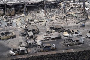 Vehicles on Front Street are seen in an aerial view of Lahaina town Thursday, Aug. 10, 2023, in Maui. (Kevin Fujii/Civil Beat/2023)