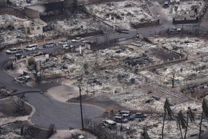 A wildfire destroyed this Lahania neighborhood, photographed Thursday, Aug. 10, 2023, in Maui. (Kevin Fujii/Civil Beat/2023)