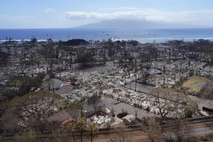 The complete destruction of the Aina Nalu Lahania by Outrigger hotel is photographed Thursday, Aug. 10, 2023, in Lahaina. (Kevin Fujii/Civil Beat/2023)