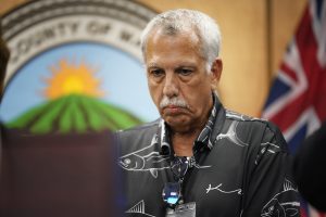 Interim Maui Emergency Management Agency Administrator Darryl Oliveira listens to a reporter’s question during a Maui County press conference Friday, Aug. 25, 2023, in Wailuku. Oliveira was named to the interim position today. (Kevin Fujii/Civil Beat/2023)