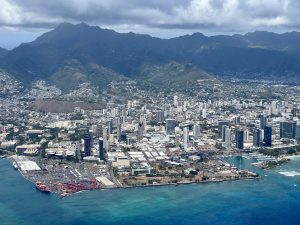 Kakaako Waterfront Park and downtown Honolulu, Aug. 28, 2023. (Nathan Eagle/Civil Beat/2023)