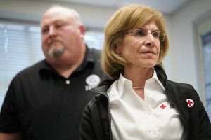 FEMA’s Bob Fenton, from left, and Red Cross CEO Gail McGovern listen to a question during a press conference Wednesday, Oct. 18, 2023, in Wailuku. Federal, state and county governments gave updates on progress after the Aug. 8 fire which destroyed Lahaina town and Kula area. (Kevin Fujii/Civil Beat/2023)