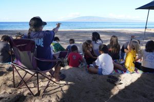 Elementary-age school children participate in a Hawaiian immersion school at Hanakao’o Park Wednesday, Oct. 18, 2023, in Lahaina. (Kevin Fujii/Civil Beat/2023)