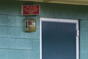 A fire alarm at Sunset Beach Elementary School is photographed Wednesday, Nov. 8, 2023, in Haleiwa. Some Department of Education schools have fire alarms out of service going on numerous years. (Kevin Fujii/Civil Beat/2023)