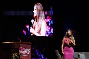 Office of Hawaiian Affairs Ka Pouhana/CEO Stacy Ferreira is the keynote speaker at the 22nd Native Hawaiian Convention Wednesday, Nov. 16, 2023, at the Maui Arts & Culture Center in Kahului. (Kevin Fujii/Civil Beat/2023)