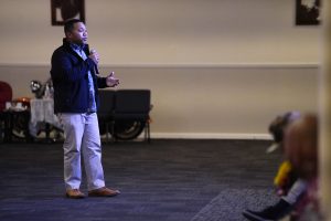 State Representative Cedric Gates addresses a West Side town hall meeting Tuesday, Dec. 5, 2023, in Waianae. Recent acts of violence, halfway houses and illegal game rooms highlighted concerns of West Oahu citizens. (Kevin Fujii/Civil Beat/2023)