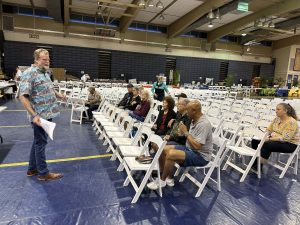 A sparse crowd turned out for a meeting Tuesday at the Lahaina Civic Center by state Sen. Angus McKelvey of Maui to hear from Lahaina residents what proposals they would like the 2024 Legislature to take up to help wildfire recovery efforts. (Christie Wilson/Civil Beat 2023)