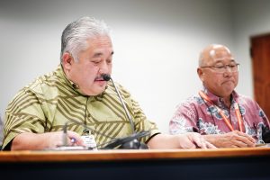 Department of Education Superintendent Keith Hayashi, from left, and Department of Education Deputy Superintendent of Operations Curt Otaguro testify to the Senate Ways and Means Committee Wednesday, Dec. 20, 2023,  in Honolulu. (Kevin Fujii/Civil Beat/2023)