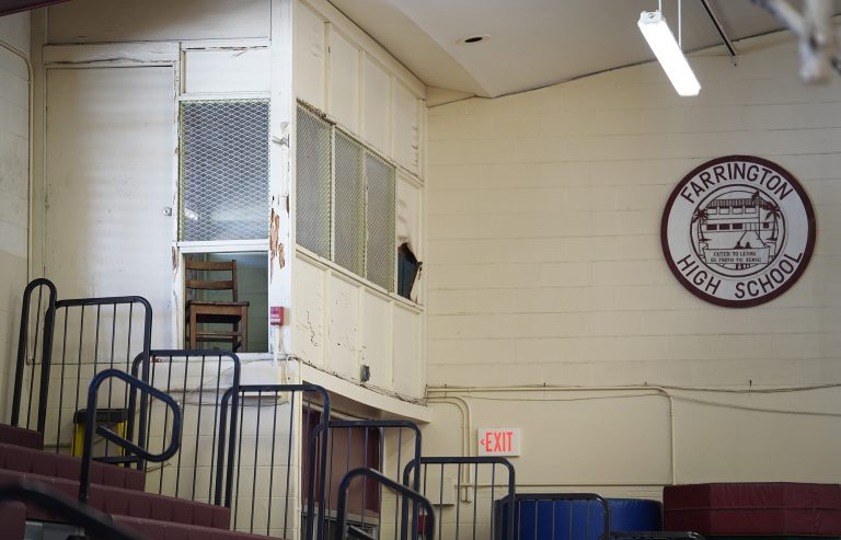A broken panel at Farrington High School’s Kitamura Gym is photographed Friday, Dec. 29, 2023, in Honolulu. Lack of CIP funding for repairs and renovations have created a safety hazard for students, faculty, staff and visitors. (Kevin Fujii/Civil Beat/2023)