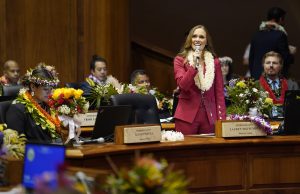 The House of Representatives minority leader Lauren Matsumoto speaks on behalf of her Republican colleagues during opening day of the legislative session Wednesday, Jan. 17, 2024, in Honolulu. (Kevin Fujii/Civil Beat/2024)