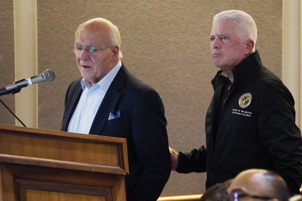 Honolulu Mayor Rick Blangiardi, from left, and Managing Director Michael Formby address the Senate Ways and Means Committee and the House of Representatives Committee on Finance meet with the four county mayors Monday, Jan. 22, 2024, in Honolulu. (Kevin Fujii/Civil Beat/2024)