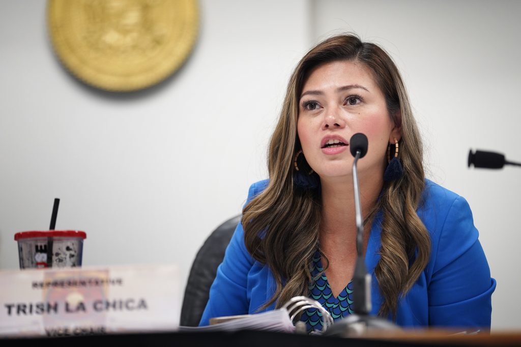 The House of Representatives education committee vice chair Trish La Chica asks a testifier a question Tuesday, Jan. 30, 2024, in Honolulu. (Kevin Fujii/Civil Beat/2024)