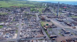The majority of the remains of people who died in the Aug. 8 Lahaina fire were found along Kahua Street (middle) and other adjacent roads near the Pioneer Mill Smoke Stack. (Cammy Clark/Civil Beat/2024)