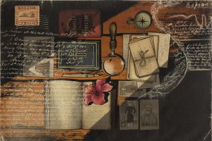 Illustrated collage of archived items, journal, old photos, letters.