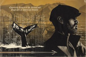 Illustration of silhouetted sailer with the backdrop of Lahaina Harbor, Maui mountain range, whale fin and a whaling harpoon.