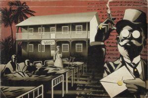 Illustration of a shadowy public figure holding an envelope adorned with a gold seal, the Seaman hospital and bedridden sailers receiving care from a nurse.