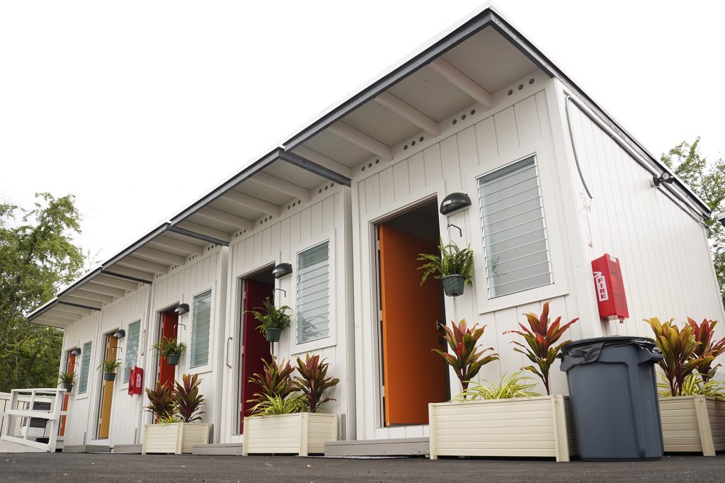 Units of affordable housing at Ho’okahi Leo Kauhale are photographed Thursday, Feb. 15, 2024, in Honolulu. Hawaii statewide office on homelessness and housing solutions (OHHS) calls the kauhale “deeply affordable spaces”. It is intended for tenants to break the cycle of homelessness. (Kevin Fujii/Civil Beat/2024)