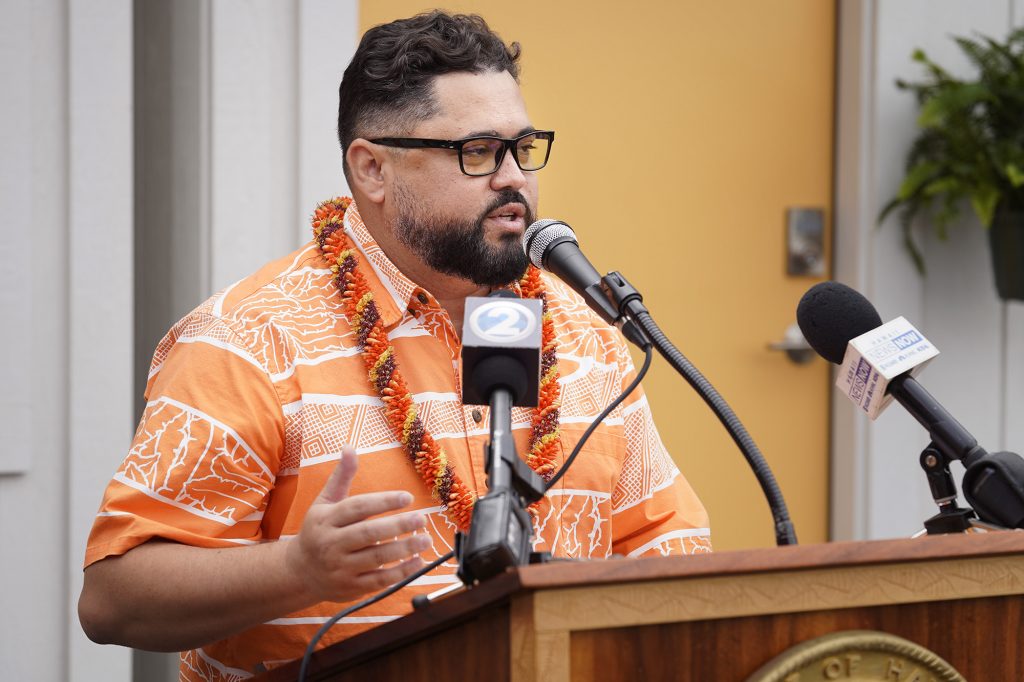 HomeAid Hawaii executive director Kimo Carvalho speaks during the Ho’okahi Leo Kauhale blessing ceremony Thursday, Feb. 15, 2024, in Honolulu. Hawaii statewide office on homelessness and housing solutions (OHHS) calls the kauhale “deeply affordable spaces”. It is intended for tenants to break the cycle of homelessness. (Kevin Fujii/Civil Beat/2024)